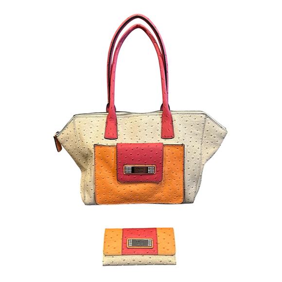 Guess Handbag, Shoulder Bag Faux Leather Ostrich Bone/Pink Orange With Wallet - Picture 1 of 10